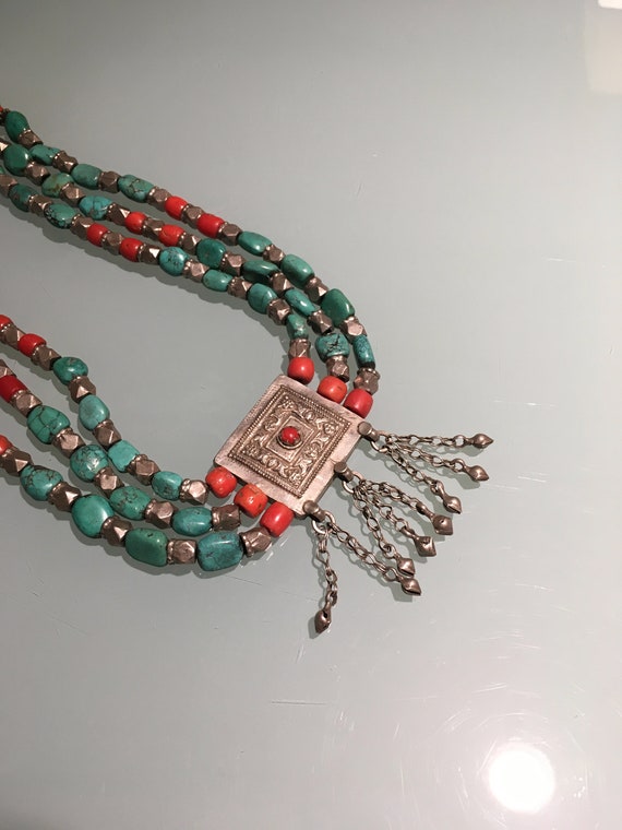 Vintage Tibetan Necklace of Turquoise, Coral, Sil… - image 1