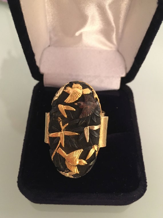 Antique Japanese Shakuda Ring, 18 kt Artisan Shan… - image 1