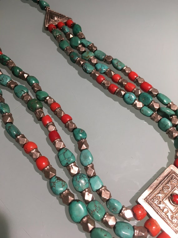 Vintage Tibetan Necklace of Turquoise, Coral, Sil… - image 8