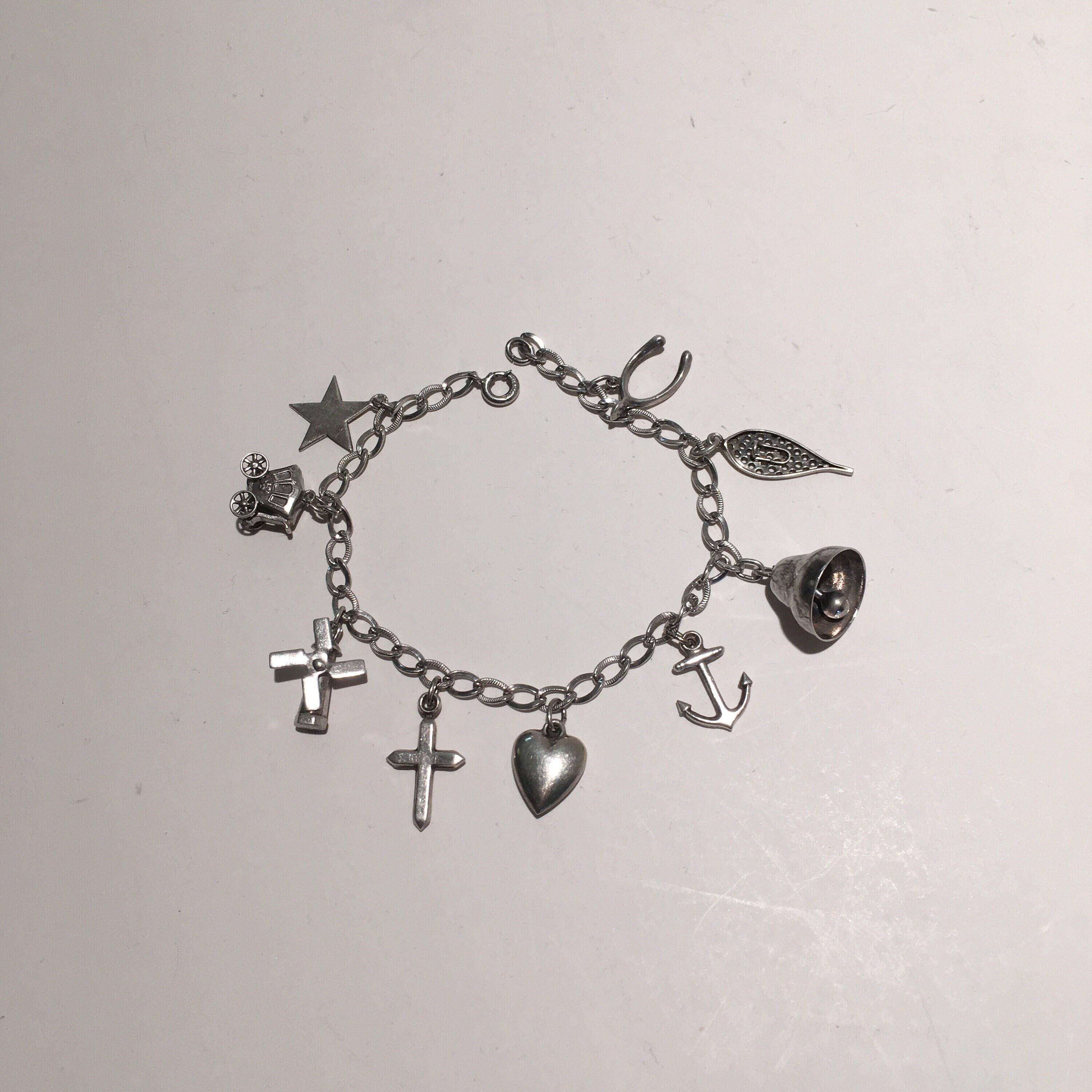 Vintage Sterling 8 Charm Bracelet, Cross, Heart, Bell, Some