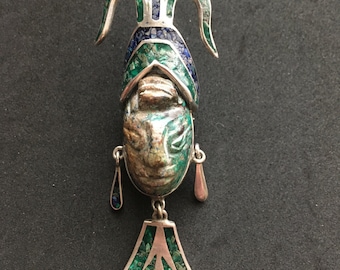 Vintage Carved Head Brooch/Pendant Aztec Deity, Mexico, 925 Silver, Turquoise, Lapis