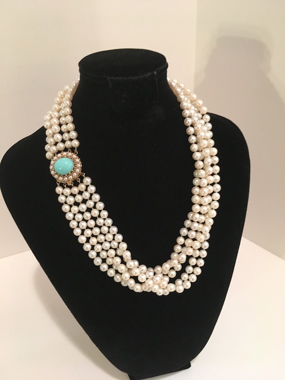 Vintage Pearl Necklace, 14kt Sleeping Beauty Turqu