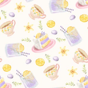 Pode incluir: Padrão em aquarela com xícaras de chá, fatias de limão, pedaços de bolo, raminhos de lavanda e macarons em um fundo creme. As xícaras de chá têm desenhos de limão amarelo. O bolo tem camadas amarelas e roxas. O tema é um chá da tarde.