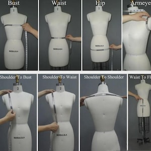 Peut inclure: S&eacute;rie d'images montrant comment mesurer un mannequin de couture. Les mesures incluent le tour de poitrine, la taille, les hanches, l'emmanchure, l'&eacute;paule &agrave; la poitrine, l'&eacute;paule &agrave; la taille, l'&eacute;paule &agrave; l'&eacute;paule et la taille au sol. Le mannequin est blanc.