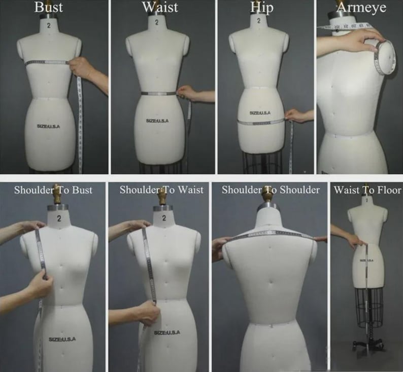 Peut inclure: S&eacute;rie d'images montrant comment mesurer un mannequin de couture. Les mesures incluent le tour de poitrine, la taille, les hanches, l'emmanchure, l'&eacute;paule &agrave; la poitrine, l'&eacute;paule &agrave; la taille, l'&eacute;paule &agrave; l'&eacute;paule et la taille au sol. Le mannequin est blanc.