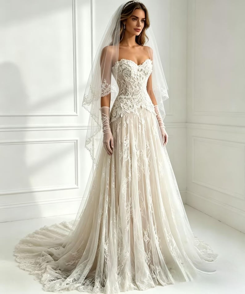 Peut inclure: Robe de mari&eacute;e ivoire sans bretelles avec dentelle d&eacute;taill&eacute;e. La robe a un corsage ajust&eacute; et une jupe fluide avec une tra&icirc;ne. Un voile transparent et des gants compl&egrave;tent le look de mari&eacute;e. La robe est con&ccedil;ue pour un mariage.