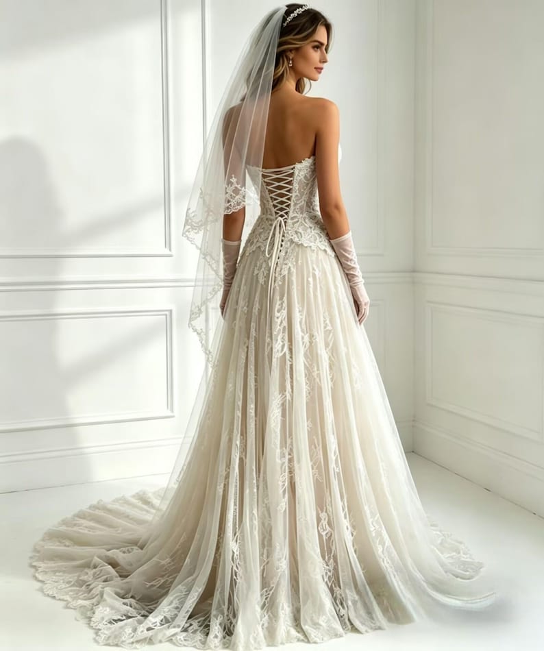 Peut inclure: Robe de mari&eacute;e ivoire sans bretelles avec dentelle d&eacute;taill&eacute;e et jupe fluide. Le dos pr&eacute;sente une fermeture de style corset. Un voile transparent et de longs gants compl&egrave;tent le look de mari&eacute;e. La robe a une longue tra&icirc;ne.
