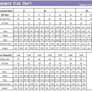 Peut inclure: Un tableau des tailles standard avec des mesures en pouces et en centim&egrave;tres. Le tableau comprend les tailles de 2 &agrave; 16 et les tailles plus de 14W &agrave; 26W, d&eacute;taillant le tour de poitrine, la taille, les hanches, l'ourlet et la hauteur.
