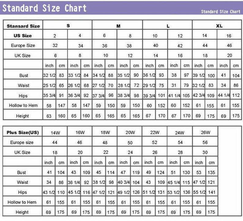 Peut inclure: Un tableau des tailles standard avec des mesures en pouces et en centim&egrave;tres. Le tableau comprend les tailles de 2 &agrave; 16 et les tailles plus de 14W &agrave; 26W, d&eacute;taillant le tour de poitrine, la taille, les hanches, l'ourlet et la hauteur.