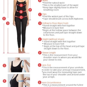 Peut inclure: Une femme en noir illustre les points de mesure du corps : tour de poitrine, taille, hanches, creux au sol, hauteur, longueur des manches, tour de bras, circonf&eacute;rence du bras et du poignet. Instructions fournies.