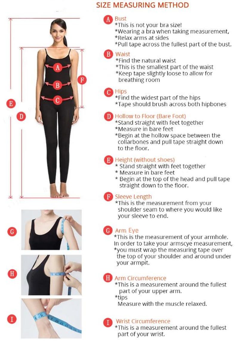 Peut inclure: Une femme en noir illustre les points de mesure du corps : tour de poitrine, taille, hanches, creux au sol, hauteur, longueur des manches, tour de bras, circonf&eacute;rence du bras et du poignet. Instructions fournies.