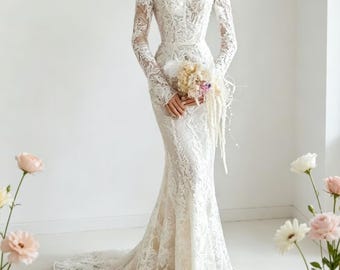 Robe de mariée sirène en dentelle à épaules dénudées