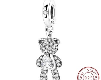 Colgante de corazón con osito de peluche - Charm de plata de ley 925 para pulsera y collar