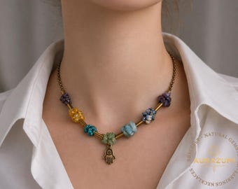 Hamsa Necklace for Good Luck, Hamsa Hand of Fatima Necklace,7 Chakra Natural Stone Necklace, Energy Balancing Spiritual Jewelry