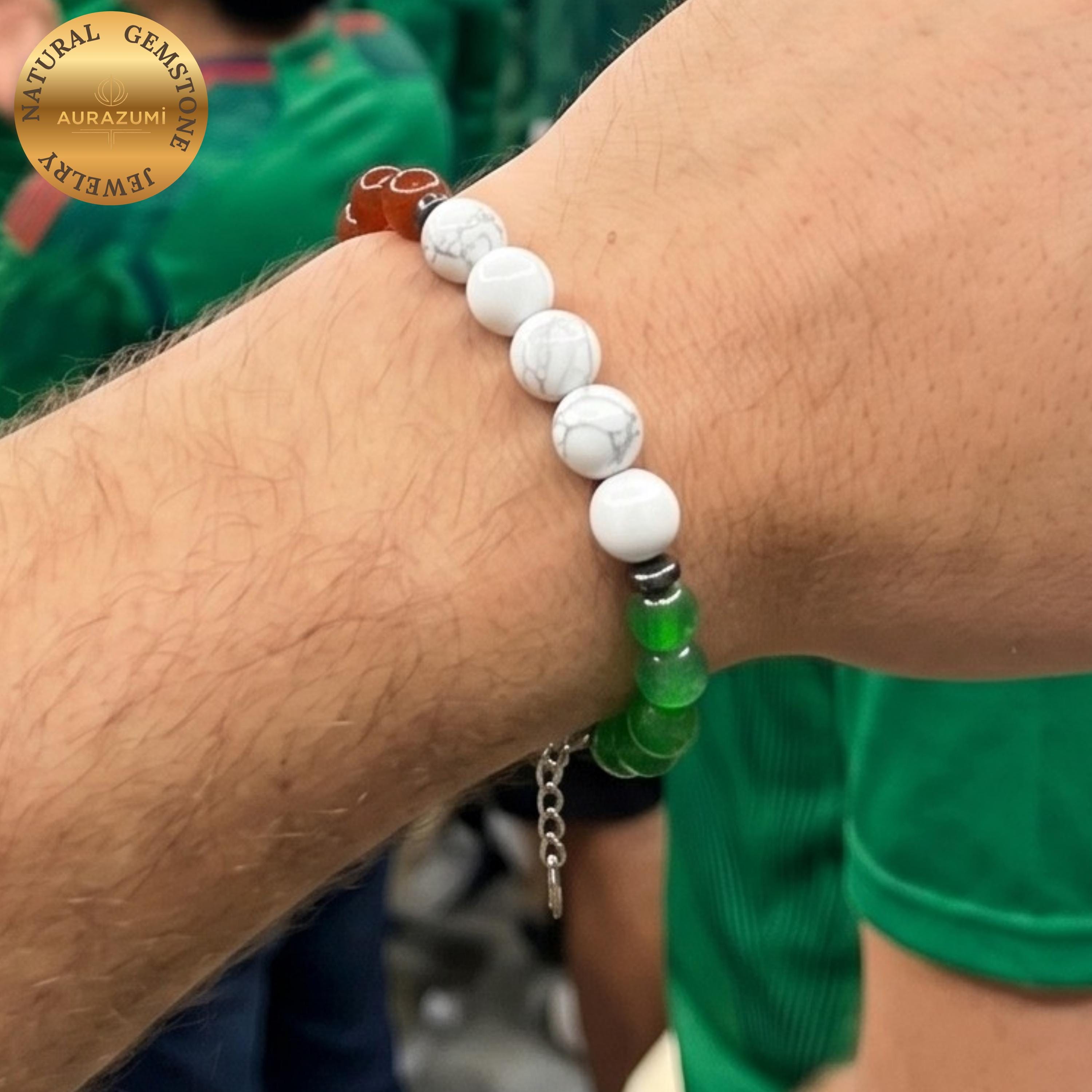 Mexico Football Fan Bracelet, Handmade Natural Stone Green White Red Soccer Bracelet, Game Day Fan Gift, Mexican Flag Jewelry
