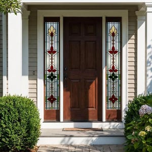 May include: A front door with stained glass sidelights. The door is dark brown, and the sidelights have a floral design with red, yellow, and green accents. The entrance is framed by white columns and a beige exterior.