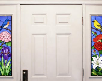 Stained Glass Bird & Flower Window Film • Custom Size Sidelight Privacy Cling • Bluebird Floral Stained Glass Window Decor for Front Door