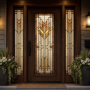 May include: A dark brown wooden front door with stained glass panels. The glass features a geometric design in shades of orange, yellow, and brown. Two matching side panels flank the door. Potted plants sit on either side of the door.