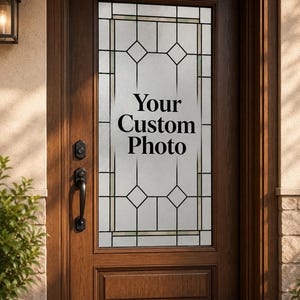 May include: A dark brown wooden front door featuring a large rectangular glass panel with a geometric grid pattern. The glass is frosted and displays the black text Your Custom Photo in the center. A black metal handle and lock are attached.
