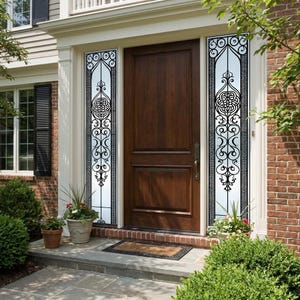 May include: A dark brown wooden front door flanked by decorative black ironwork sidelights. The sidelights have an ornate design with a clear glass panel. The door is framed by white trim and a brick exterior. Potted plants sit on the porch.