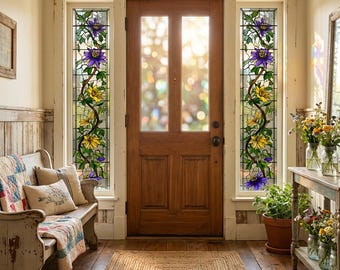 Stained Glass Window Film | Yellow Floral Privacy Window Cling | Rustic Farmhouse Front Door Sidelight Decor | Window Covering