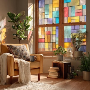 Op de afbeelding: Een gezellige woonkamer met een mosterdkleurige fauteuil, een kussen met patroon en een crèmekleurige deken. Een glas-in-loodraam met kleurrijke geometrische patronen is het middelpunt. Potplanten en een kleine houten bijzettafel met boeken dragen bij aan de uitnodigende sfeer.