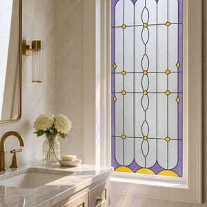 May include: A rectangular window film featuring a decorative stained glass pattern with frosted panels, purple borders, and yellow accents. The design includes thin black lines forming geometric shapes, vertical columns, and small diamond motifs.