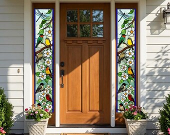 Birds & Dragonfly Stained Glass Window Film - Floral Nature Privacy Window Decal - Colorful Wildlife Window Cling for Front Door Sidelight