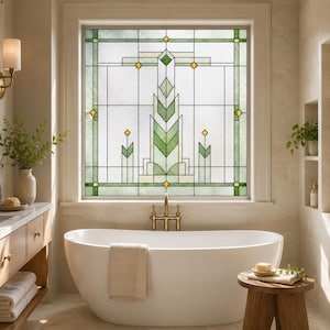 Green Art Deco Window Film, Geometric Privacy Decal, Frosted Stained Glass Bathroom Window Cling