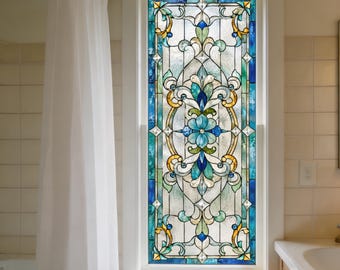 Custom Size Available Tiffany Style Blue Floral Stained Glass Window Film, Bathroom Privacy Film, Frosted Static Cling Window Decal
