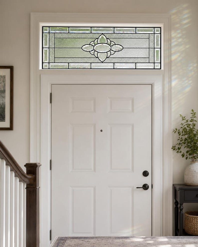Stained Glass Window Film for Transom Windows, Frosted White Pale Green ...