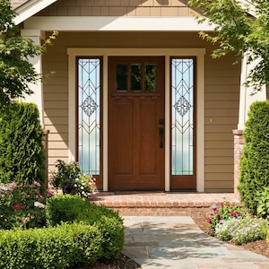 May include: A wooden front door with sidelights featuring a decorative black design. The door is surrounded by a tan exterior with a brick walkway and lush greenery, creating an inviting entrance.
