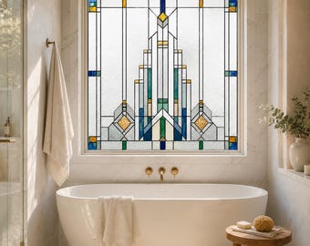 Art Deco Geometric Window Film, Frosted Privacy Window Decal, Blue Gold Stained Glass Bathroom Cling