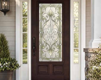 Custom Size Available Stained Glass Door Film, Beveled Crystal Privacy Window Cling, Classic American Fleur De Lis Floral Panel