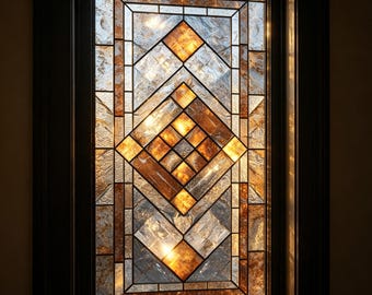 Art Deco Stained Glass Window Film Privacy Frosted Glass Cover Geometric Pattern Static Cling Decorative Window Vinyl Custom Size Available