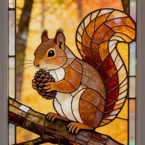 Pode incluir: Painel de vitral com um esquilo marrom segurando uma pinha, empoleirado em um galho. A obra de arte apresenta cores de outono com folhas vermelhas e laranja, em um fundo de floresta desfocado. O painel é emoldurado.