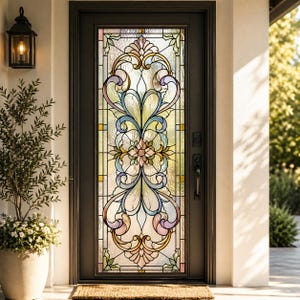 May include: A front door with a stained glass window. The window has a symmetrical floral design in pastel colours, including pink, blue, and yellow. The door is dark brown. A lantern hangs to the left.