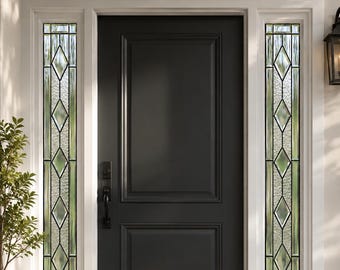 Green Beveled Stained Glass Window Film for Front Door Sidelights and Transom, Privacy Static Cling, Custom Size Available