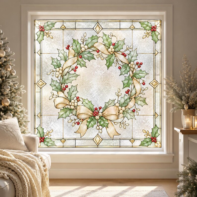 Christmas Wreath Window Privacy Film, Faux Stained Glass Holly Berry ...