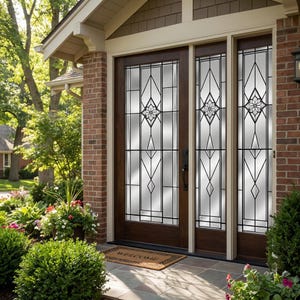 May include: Dark brown wooden double doors with decorative glass panels. The glass has a geometric design with frosted and clear sections, and a floral motif. The doors are set in a brick facade with a welcome mat.