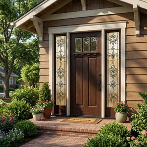 Puede incluir: Una puerta de entrada de madera marrón oscuro con paneles de vidrio decorativos a ambos lados. La puerta tiene una pequeña ventana en la parte superior y una alfombra de bienvenida. La casa tiene revestimiento marrón y está rodeada de vegetación y flores.