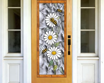 Daisy & Honeybee Stained Glass Door | Custom Size White Floral Front Door | Whimsical Nature Inspired Entry Door for Home Decor