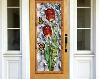 Stained Glass Tulip Door with Butterflies | Custom Size Solid Wood Front Door with Vibrant Floral Panel | Farmhouse Style Entryway Decor