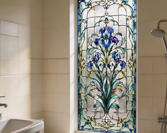 Custom Size Available Tiffany Style Iris Stained Glass Window Film, Bathroom Privacy Film, Frosted Static Cling Glass Decal