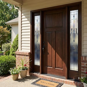 May include: A dark brown wooden front door with three vertical panels and two matching sidelights featuring geometric leaded glass patterns. A rectangular doormat with the word WELCOME printed in black sits on the ground in front of the door.