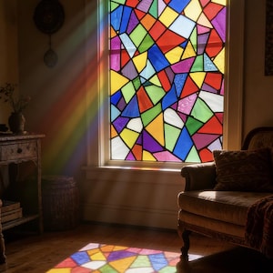 Puede incluir: Una vibrante vidriera con un diseño geométrico de varias formas y colores, incluyendo rojo, azul, verde y amarillo. La luz del sol atraviesa la ventana, proyectando un patrón colorido sobre el suelo de madera. La ventana está enmarcada en blanco.