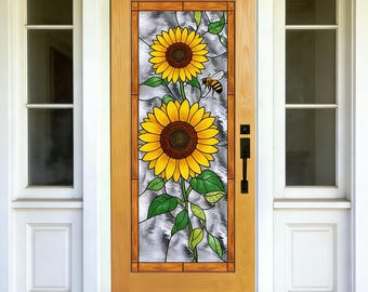 Sunflower Stained Glass Door with Bee | Custom Size Yellow Floral Front Door | Nature Inspired Entry Door for Home Decor