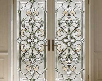 Custom Size Fleur-de-lis Stained Glass Window Film, Static Cling Privacy Film for Front Door Sidelight, Removable Victorian Decal