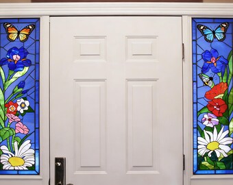 Art Nouveau Stained Glass Butterfly Window Tint • Removable Privacy Window Sticker • Custom Size Botanical Sidelight Film for Home Decor