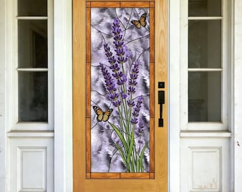 Lavender & Butterfly Stained Glass Door | Custom Size Purple Floral Front Door | Serene Nature Inspired Entry Door for Home Decor